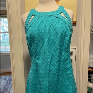 Teal crown & ivy dress with strappy cutout details at the neck and back